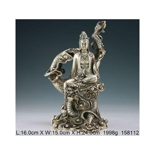 Elaborate Chinese Vintage Handwork Tibetan Silver Dragon Kwan-yin Auspicious Statue