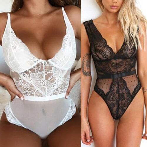 Transparent Bodysuit Womens Sexy Sleepwear Nightwear Clubwear White/Black Lace Bodysuit Summer Overalls Playsuit