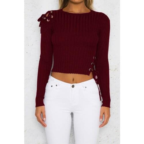 Sexy Knitted Sweater Female Pullover Knitted Solid Short women sweaters and pullovers Long sleeve Criss-Cross Hole sweaters