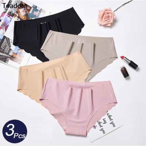 3 Pcs Womens Seamless Panties Lot Plain Color Slip Silk Underwear Woman Underpants Lady Briefs Wavy Edged Panty Women Intimates
