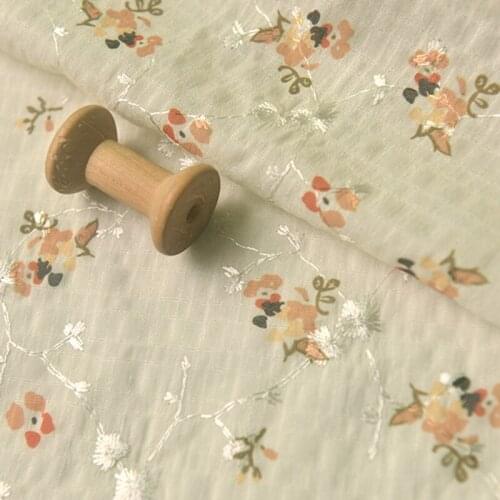 High quality Chiffon fabric Light rice yellow flower branch embroidery tissu Sunscreen Shirt Top long skirt clothing material