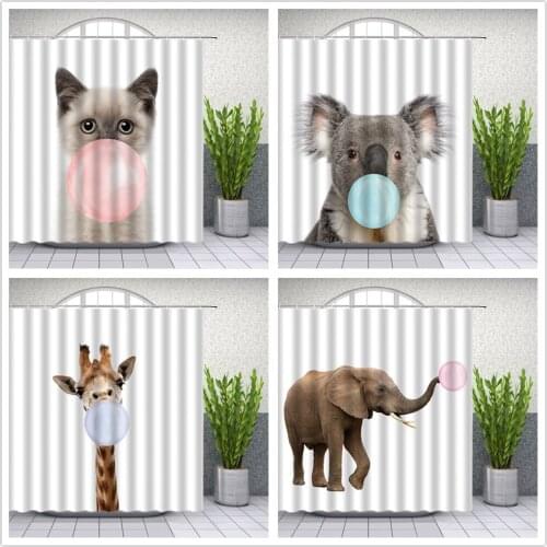 Funny Animals Shower Curtains Cute Animal Blowing Bubbles Creativity Bathroom Decor Polyester Cloth Curtain Set With Hooks