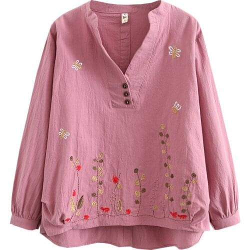 Spring 2021 Women Blouses Plus Size Fashion Casual Clothes Tops Little Bee Embroidery V Neck Middle Aged Blusas De Mujer XL/4XL
