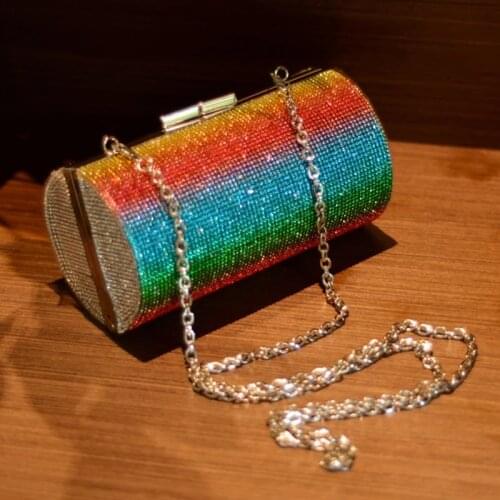 Rainbow Rhinestone Purse Evening Bags for Women Luxury Party Handbag for Wedding Clutch Bag Diamond Cylinder Shoulder