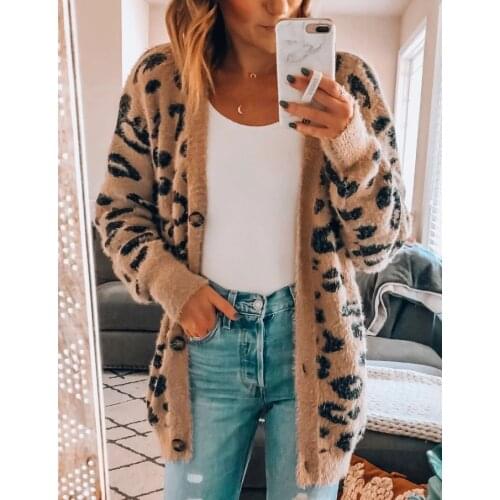 Office Daily School Outwear Fashion Loose Dating Women Sweater Autumn Winter Button Down Casual Leopard Printed Long Sleeves