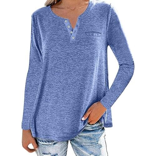 Long Sleeve Top Women Autumn Solid Color Tshirts Casual Split V-Neck Button Tops For Womens 2021 New Clothings T shirt Femme
