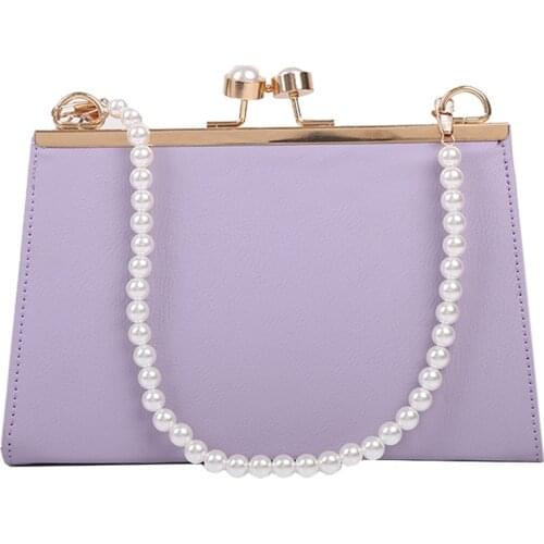 Ladies Evening Clutch Purse Simple Solid Color Handbags Casual Pu Leather Clip Womens Shoulder Bags Fashion Pearl Handle