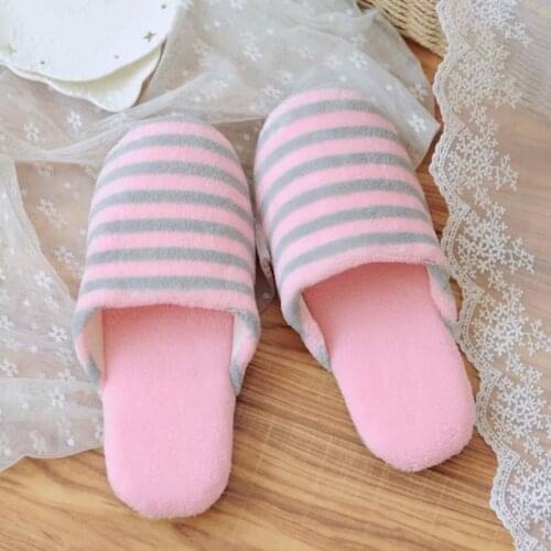 Womens 2021 Soft Pink Stripe Indoor Silent Anti Slip Warm Plush Neutral Home Cotton Slippers