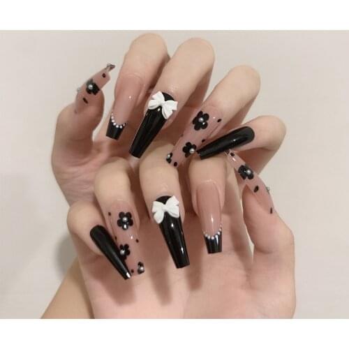 24 Pcs Long Love Bow Design Ballet Coffin Fake Nails Cute Flowers Artificial Plastic Press On False Nail Tips Manicure Nail Art