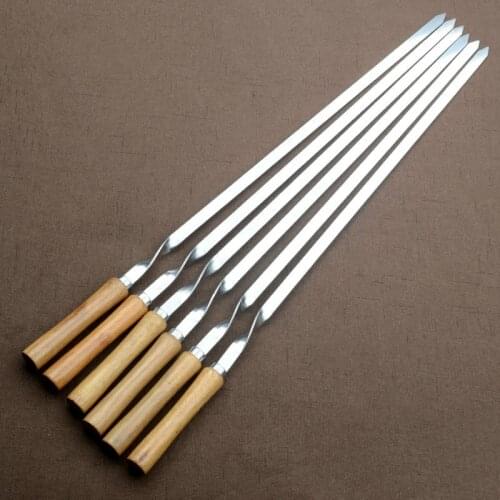 55cm 21.5" Stainless Steel BBQ Skewers Shish Kebab Barbecue Grill Stick Wood Handle Fork Needle Long Flat Meat Set Camping Tool