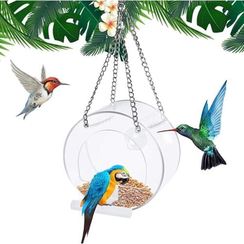 Acrylic Birds Feeder With Hanging Chain Outdoor Transparent Birds Food Box Anti-Spray Food Box Hanging Birds Feeder E7