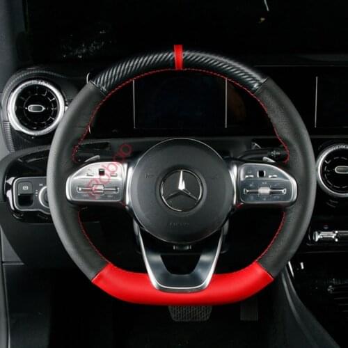 DIY Black Carbon Fiber& Hole Leather Steering Wheel Hand Sewing Wrap Cover Fit For Mercedes-Benz A-Class W177 2018-2019 E-Class