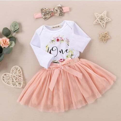 Summer Cotton Baby Girls Kids Boutique Clothing Sets One Year Old Birthday Clothes Girls Tutu Outfits Romper+Skirt+Headband 1 Y