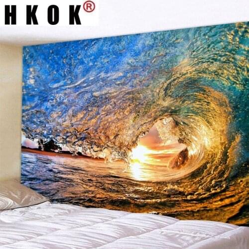 HKOK Sea Waves Landscape Digital Printed Tapestry Wall Hanging Wall Covering Rugs Background Cloth Beach Mat Blanket Art Home De