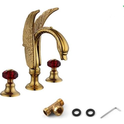 Gold CLour 3 Pieces swan sink faucet widespread lavatory basin mixer tap RED crystal handles Deck mounted