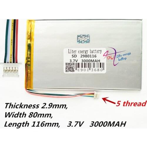 5 thread Liter energy battery 2980116 3.7V 3000MAH Universal Li-ion battery for tablet pc 7 inch 8 inch 9 inch