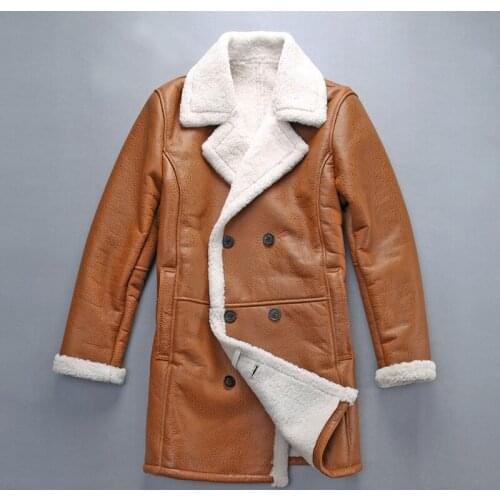 AVIREXFLY 2018 New Men Long-Style Shearling Winter Coat Asian Size Super Quality Warm Real Sheep White Wool Cold Winter Coats