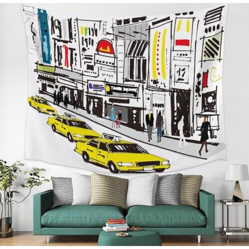 Hand Drawn Manhattan Metropolis Street Taxi Yellow Wall Tapestry Cover Beach Towel Picnic Yoga Mat Home Decoration