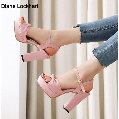 New Summer Women High Heels Wedding Party Sandals Open Toe Ankle Strap Chunky Heels Shiny Platform Sandals Ladies Shoes Pink