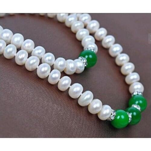 7-8 mm freshwater cultured white pearl necklace 18" bracelet 8" + 8mm green bead