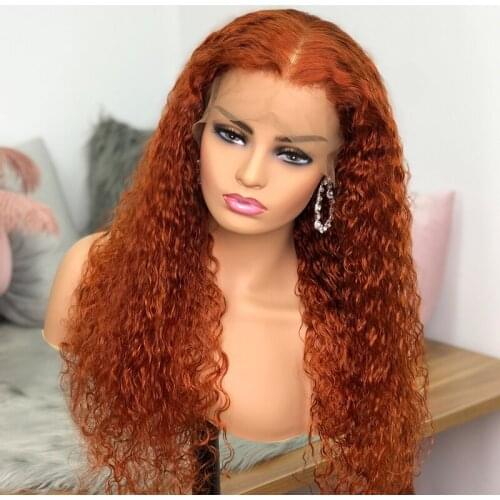 Burnt Orange Human Hair T Part Lace Wigs Curly Lace Front Human Hair Wigs Ginger Color Human Hair Lace Front Wigs 180% Brazilian