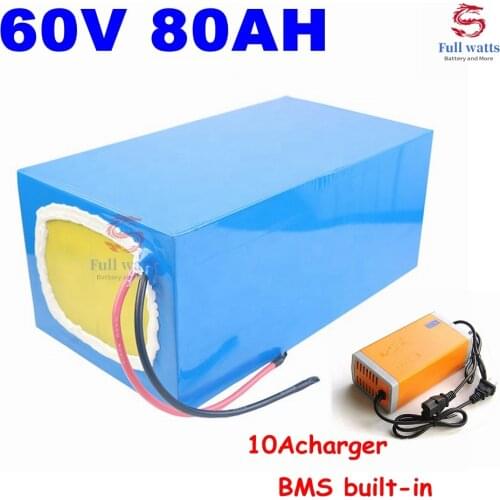 Rechargeable 60V 80AH Li-ion battery with BMS for 3000W 4800W 6000W scooter Electric tricycle motorcycle vehicle+10A charger