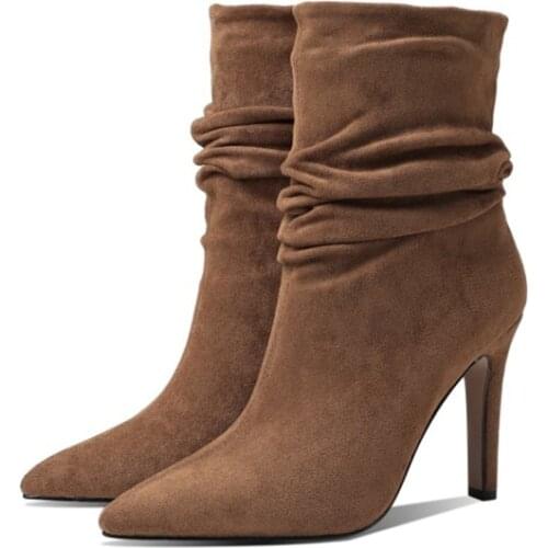 Ochanmeb Sexy Stiletto High Heels Pleated Boots for Women Pointy Toe Faux Suede Black Brown Slip On Party Dress Boots Shoes Lady