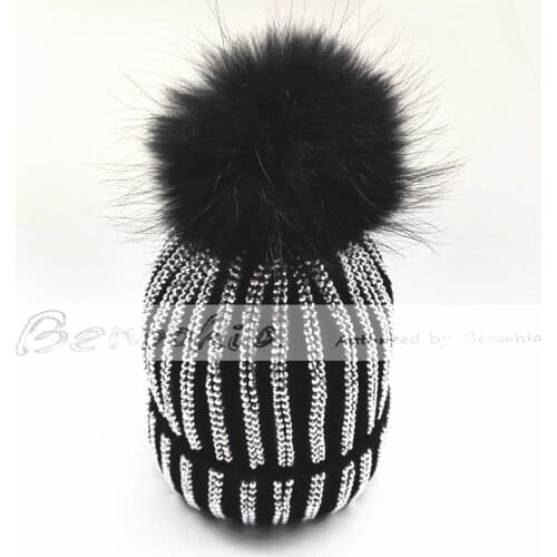 Rhinestone decorative Black Fur Pompoms Knitted hats Beanies Winter Warm knitting skullies caps for Chrismas gift
