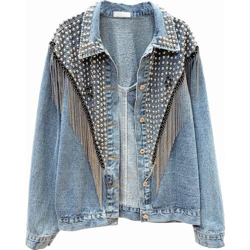 Chaquetas Mujer 2020 Autumn Streetwear Denim Jacket Women Hand-studded Rivet Tassel Chain Short Jeans Jacket Loose Black Coats