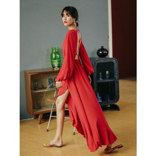 Beach Skirt Womens Summer Seaside Holiday Bali Sanya, Thailand Red Open Back Lotus Leaf Long Skirt Long Sleeve Dress