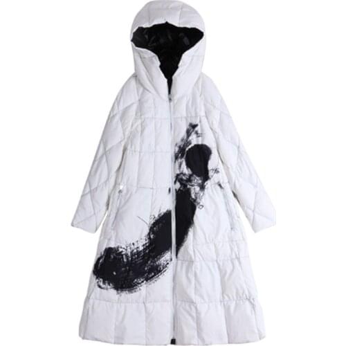 Women newest stand collar long duck down jacket female fashion loose warm down coat lady double-sided ink printing down clothes