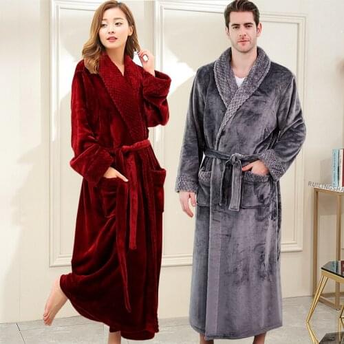 Women Men Winter Long Warm Plus Size Plaid Flannel Bath Robe Kimono Coral Fleece Bridesmaid BathRobe Dressing Gown Men Sleepwear