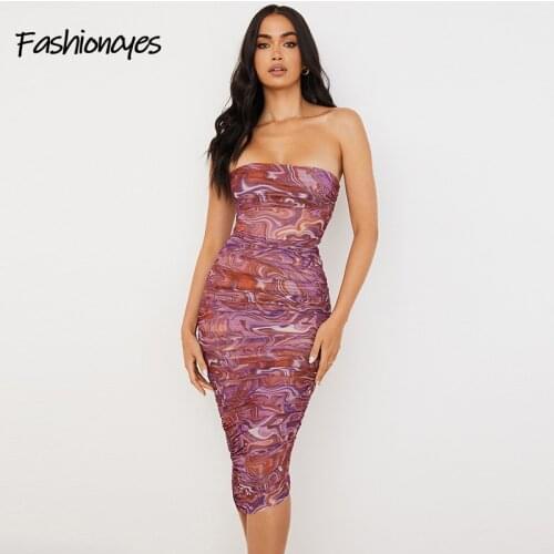 Strapless Double Layer Mesh Purple Print Midi Dress For Women Sexy Bodycon Night Party Wrap Ruched Dresses 2021 Casual Vestidos