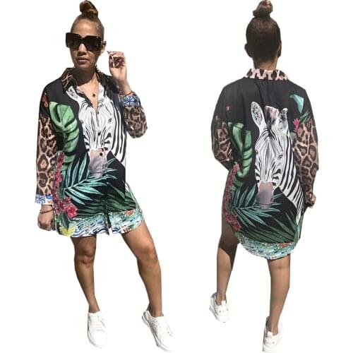 2021 Best Quality Famous Brand Women Dress Longsleeve Animal Print Turndown Collar