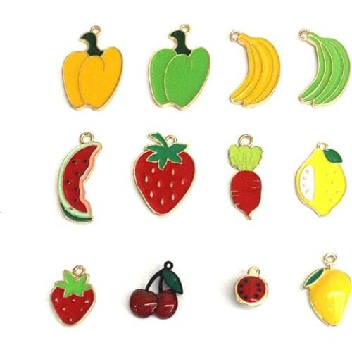 10pcs So Cute Fruit Stawberry Cherry Lemon Mango Grape Pepper Enamel Charms Handmade DIY Jewelry Making Golden Base