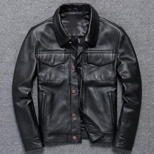 2020 Genuine Leather Clothing Male Lapel Skin Loose Coat Head Layer Cowhide Locomotive Serve Leisure Time Short Fund goatskin