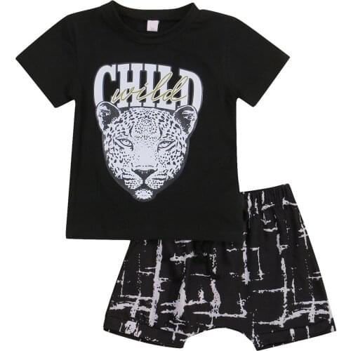 2021 0-3Y Cool Kids Boys Clothing Summer Creative Wild Leopard Letter Printing Round Collar Short Sleeve Tops+Harem Shorts Set