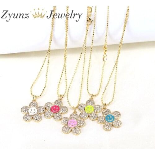 5PCS, Enamel Sun Flower Necklace Smiley Face Inlaid Crystal Zircon Pendant Necklace Fashion Luxury Jewelry Gift for Ladies