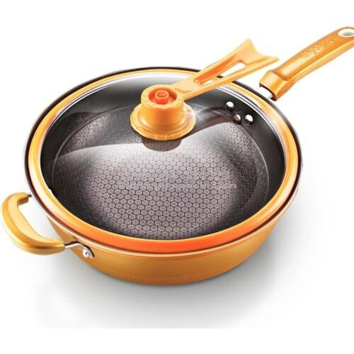 5%Vacuum Wok Non Stick Pan with Cover No Oil Smoke Pot Iron Pot Household Kitchen Induction Cooker Universal Pan Frying