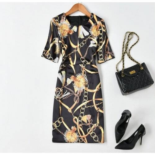 Heavy Chain Peinr Women Dress Elegant O-Neck Short Sleeve Dresses D4193