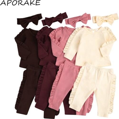 2021 0-18M Baby Girl Solid Color Clothes Set with Ruffles Long Sleeve O-neck Pullover+Long Pants+Bow-knot Headband Spring 3pcs