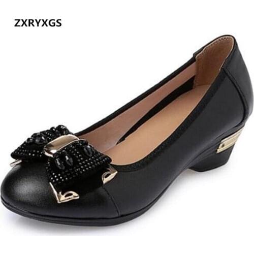 HOT 2019 New Spring Rhinestone Bow Women Fashion Shoes Single Comfortable Soft Genuine Leather Shoes High Heels 4 Cm Plus Size