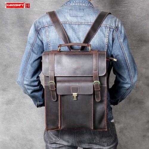 Retro Mens Backpack Top Layer Leather Backpack Real Leather Shoulder Bag Male Laptop Bag Men Lock Travel Backpacks Original