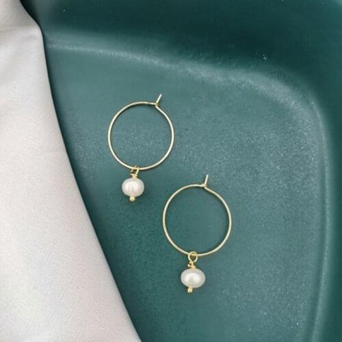 Geniune Freshwater Pearl Earrings Drop Simple Elegant Delicate Round White 14K Gold Filled 20mm Hoops BOHO Earrings For Women