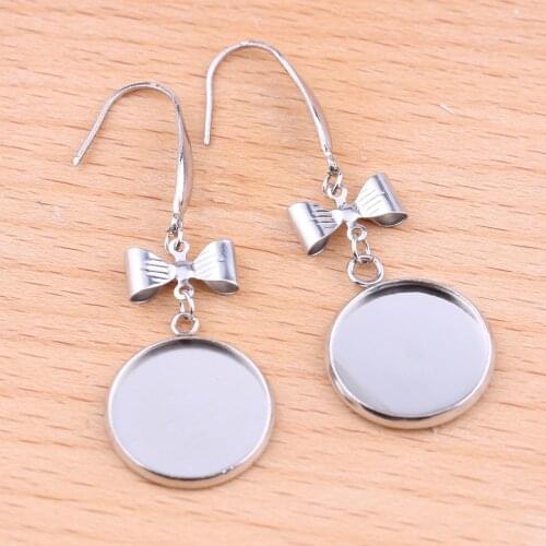Onwear 10pairs stainless steel drop bow earring base 16mm cabochon bezel trays diy wire earrings hooks for jewelry making
