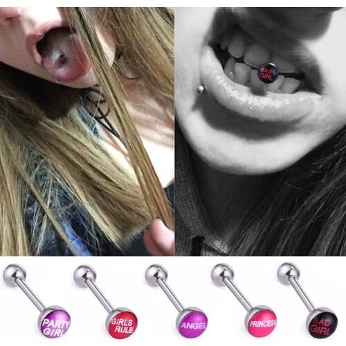 Women 14G 1.6mm Stainless Steel Tongue Piercing Female Logo Words Punk Tongue Rings Helix Barbells Piercings Body Jewelry