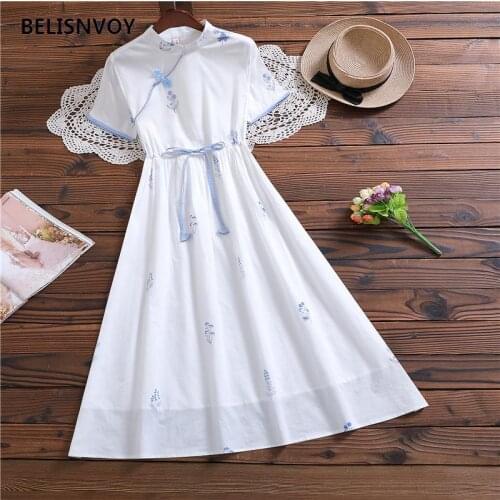 Retro Fashion Chinese Style Improved Cheongsam Dress Summer Women Elegant Fashion Printed Lace-up Dresses Female 2021