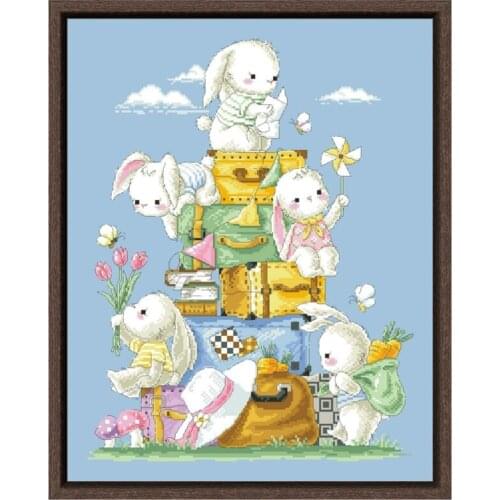Rabbits' journey cross stitch package cute bunney 14ct 11ct sky blue canvas cotton thread embroidery DIY handmade needlework