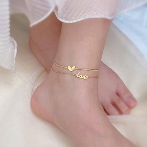 Luxury Famous Brand Jewelry Double Heart Letter LOVE Anklet Women Gold Color Stainless Steel Ladies Jewelry Not Fade