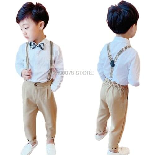 Boys School Uniform Kids Formal Shirt +Pants+Bowtie Clothing Set Children Wedding Birthday Dress Piano Prom Performance Costume
